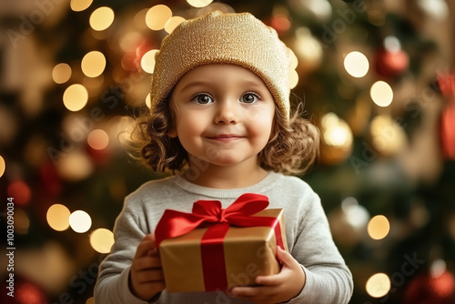 Small Child Holding Gift Box with Red Ribbon – Holiday Present Exchange