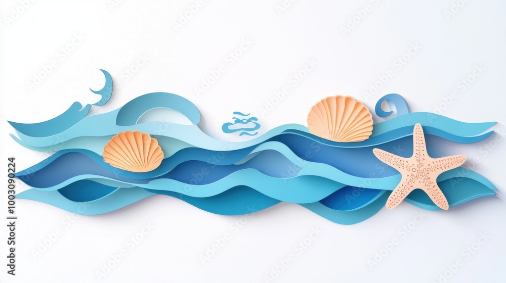 A colorful paper-cut design depicting waves, shells, and a starfish, evoking a beach theme. A colorful paper-cut design depicting waves, shells, and a starfish, evoking a beach theme.