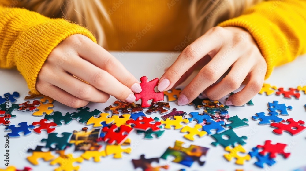 A person assembling a colorful jigsaw puzzle on a table. A person assembling a colorful jigsaw puzzle on a table.