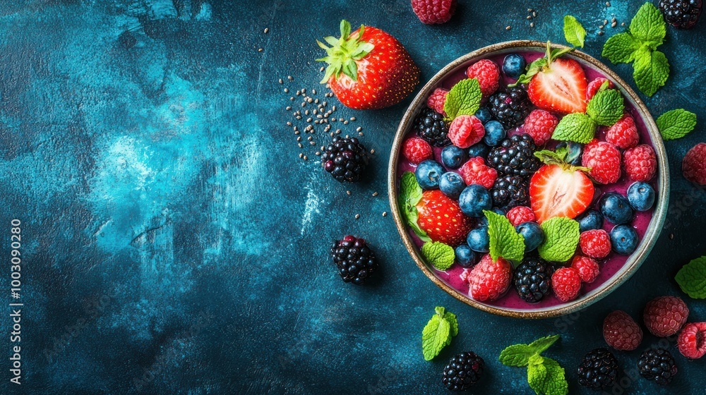 A vibrant bowl of mixed berries garnished with mint on a textured blue background. A vibrant bowl of mixed berries garnished with mint on a textured blue background.