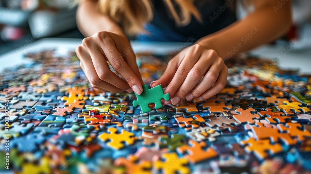 A person assembling a colorful jigsaw puzzle on a table. A person assembling a colorful jigsaw puzzle on a table.