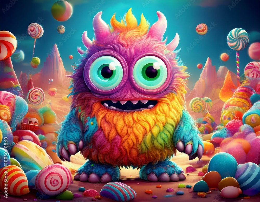 An adorable monster character with oversized eyes and bright, funky colors, standing in a fun, cartoonish landscape filled with candy and playful elements An adorable monster character with oversized eyes and bright, funky colors, standing in a fun, cartoonish landscape filled with candy and playful elements
