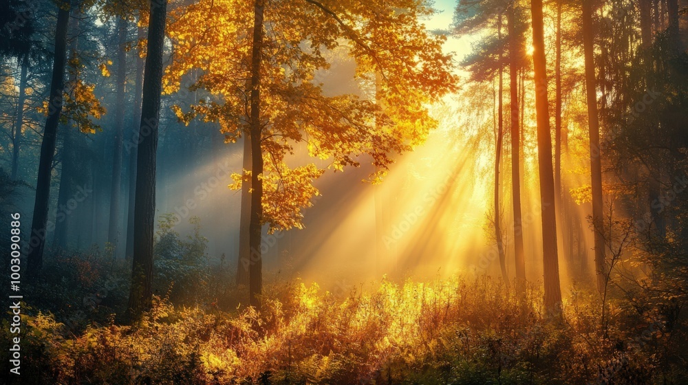 Sunlight cascades through tall trees in a tranquil forest, illuminating the vibrant autumn leaves and creating a peaceful atmosphere at dawn Sunlight cascades through tall trees in a tranquil forest, illuminating the vibrant autumn leaves and creating a peaceful atmosphere at dawn