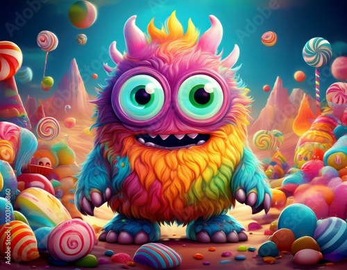An adorable monster character with oversized eyes and bright, funky colors, standing in a fun, cartoonish landscape filled with candy and playful elements