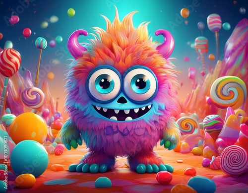An adorable monster character with oversized eyes and bright, funky colors, standing in a fun, cartoonish landscape filled with candy and playful elements