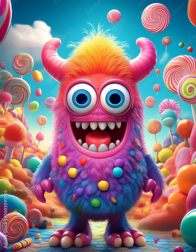Naklejka premium An adorable monster character with oversized eyes and bright, funky colors, standing in a fun, cartoonish landscape filled with candy and playful elements