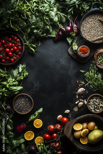 Food Photo. Food on the table shot from above. Bright frame with food and dark space for text.