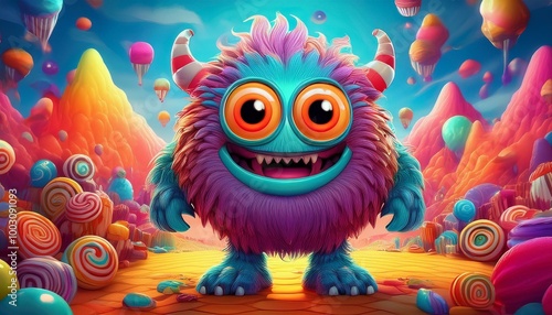 An adorable monster character with oversized eyes and bright, funky colors, standing in a fun, cartoonish landscape filled with candy and playful elements