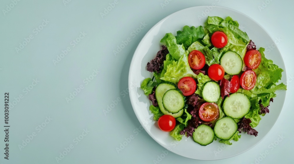 A fresh salad featuring lettuce, cucumbers, and cherry tomatoes on a white plate. A fresh salad featuring lettuce, cucumbers, and cherry tomatoes on a white plate.