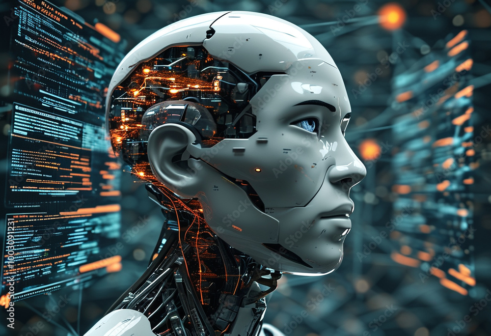 Artificial intelligence in humanoid head with neural network thinks. AI with Digital Brain is learning processing big data, analysis information. Face of cyber mind. Technology background concept. Artificial intelligence in humanoid head with neural network thinks. AI with Digital Brain is learning processing big data, analysis information. Face of cyber mind. Technology background concept.