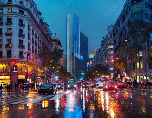 A busy urban street at night with skyscrapers lit up and traffic moving below. Neon signs, t