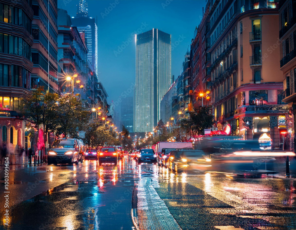 Fototapeta premium A busy urban street at night with skyscrapers lit up and traffic moving below. Neon signs, t
