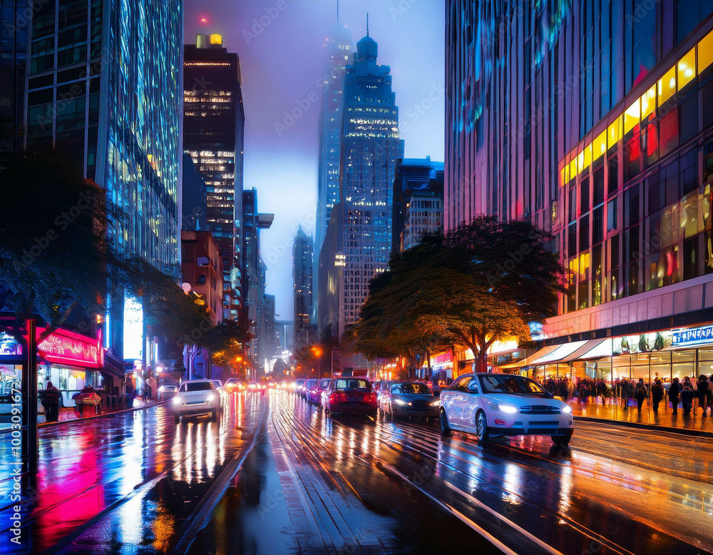Naklejka premium A busy urban street at night with skyscrapers lit up and traffic moving below. Neon signs, t