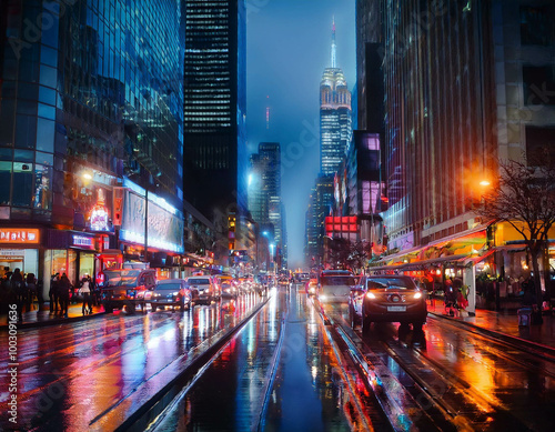 A busy urban street at night with skyscrapers lit up and traffic moving below. Neon signs, t