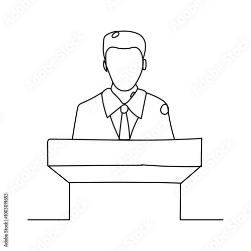 Dessin en ligne continue d'un homme faisant un discours derrière un pupitre, line art, vecteur