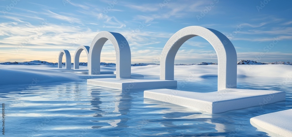 Fototapeta premium Background of a beautiful dream land. Abstract dune with geometric arch. Fantasy island landscape with water and natural clouds. Metallic mirror arch. 3D render.