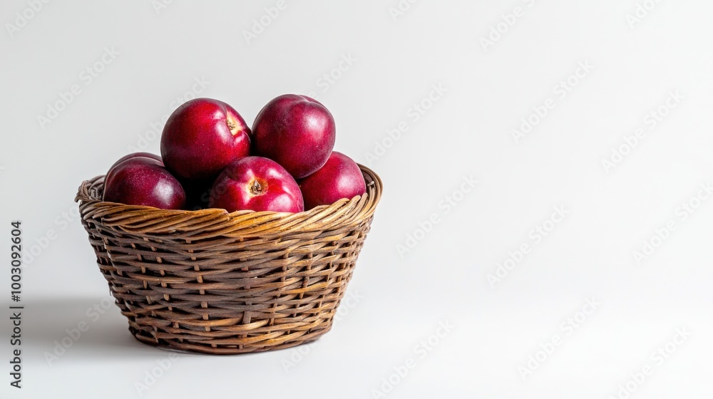 A woven basket filled with shiny red apples on a clean white background. A woven basket filled with shiny red apples on a clean white background.
