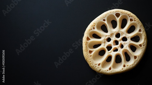 A sliced lotus root showcasing its unique, intricate pattern against a dark background.