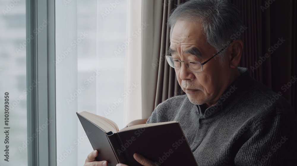 Senior man, reading book, sitting by window, soft natural light, relaxing in cozy home, peaceful, elderly gentleman enjoys literature, solitude and comfort concept Senior man, reading book, sitting by window, soft natural light, relaxing in cozy home, peaceful, elderly gentleman enjoys literature, solitude and comfort concept