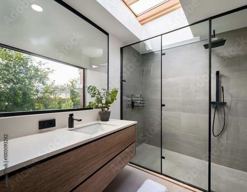 A chic, modern bathroom with a walk-in shower enclosed by frameless glass, a floating vanity photo