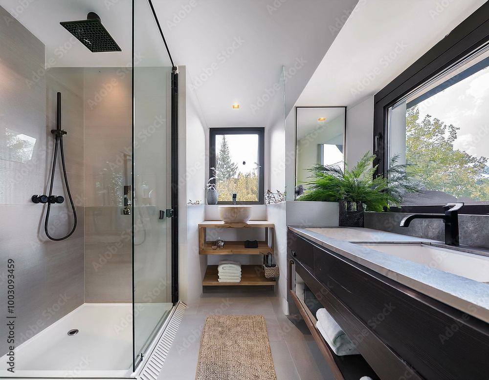 Fototapeta premium A chic, modern bathroom with a walk-in shower enclosed by frameless glass, a floating vanity