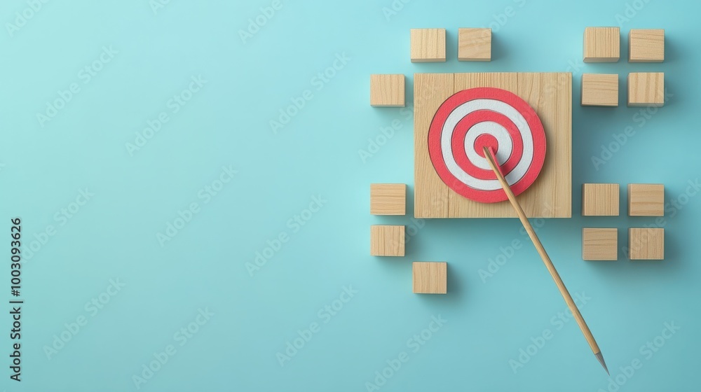 Wooden blocks with a target and arrow on a light blue background, symbolizing goal achievement and strategic planning in business. Flat lay. High quality, no realistic photo details. Wooden blocks with a target and arrow on a light blue background, symbolizing goal achievement and strategic planning in business. Flat lay. High quality, no realistic photo details.