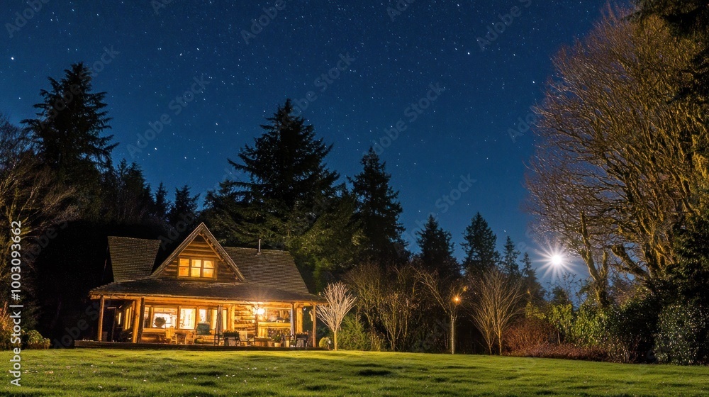 A cozy cabin illuminated under a starry night sky, surrounded by trees and a grassy lawn. A cozy cabin illuminated under a starry night sky, surrounded by trees and a grassy lawn.