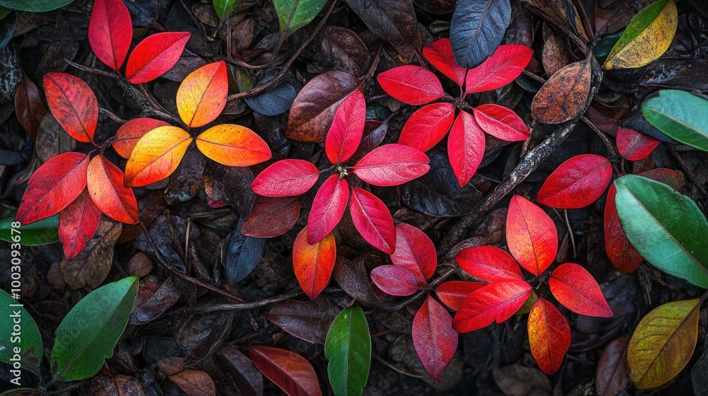 A vibrant arrangement of red and green leaves on a dark forest floor. A vibrant arrangement of red and green leaves on a dark forest floor.
