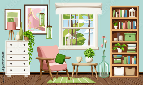 Living room interior design with blue walls, a pink armchair, a bookcase, a white dresser, pictures on the wall, pendant light, and houseplants. Cozy room interior design. Cartoon vector illustration