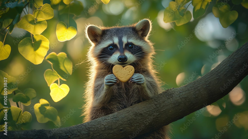 Obraz premium Raccoon holding heart-shaped cookie on tree branch, cute animal moment in nature, wildlife love concept