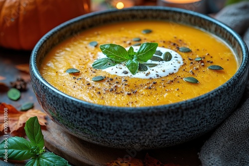 Pumpkin soup with cream, seeds, crackers and cinnamon. Autumn decor on table, orange squash in background. Healthy Halloween food