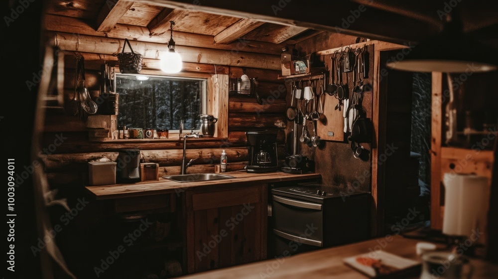 Cozy wooden kitchen with rustic decor and functional appliances. Cozy wooden kitchen with rustic decor and functional appliances.