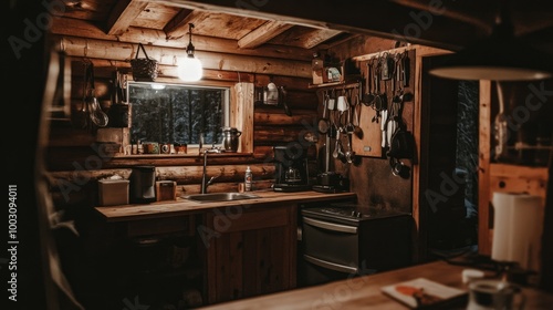 Cozy wooden kitchen with rustic decor and functional appliances.