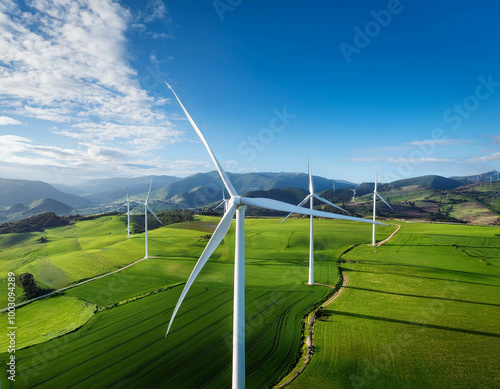 -A clean energy wind farm with large turbines spinning against a blue sky. The landscape is