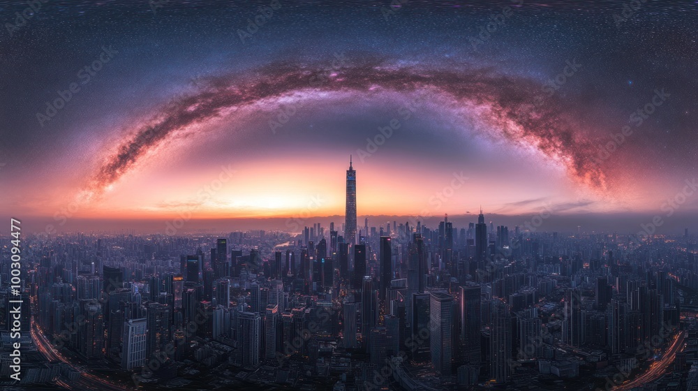 Fototapeta premium A panoramic view of a city skyline under a starry sky at sunset.
