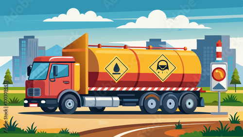 Truck with tipping semi trailer for bulk transportation of flammable organic peroxides with dangerous goods label