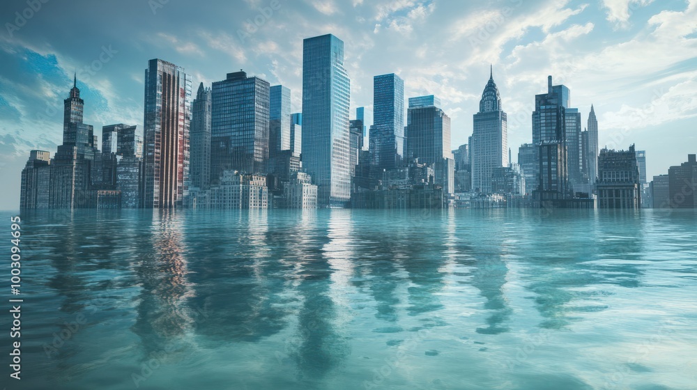 Naklejka premium A city half-underwater with submerged streets and buildings conceptual illustration of the imminent threat of sea level rise to coastal urban areas.