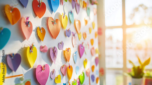 Wallpaper Mural Colorful paper hearts on a wall, sunlight, arts, cheerful decorations, vibrant colors, creative craft project, DIY, classroom decor, love theme concept Torontodigital.ca