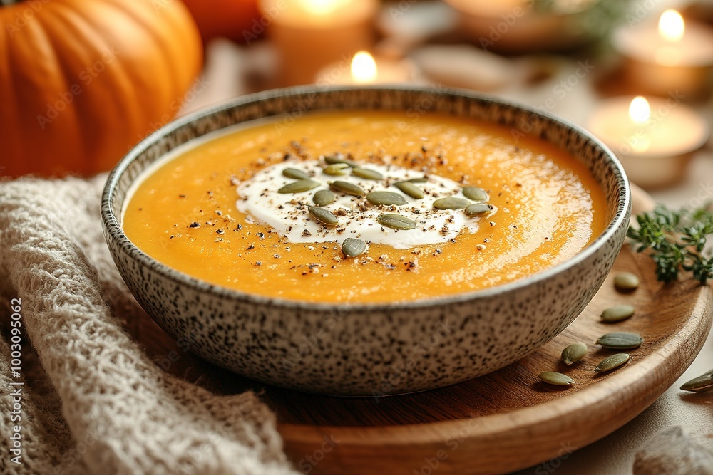Pumpkin soup with cream, seeds, crackers and cinnamon. Autumn decor on table, orange squash in background. Healthy Halloween food Pumpkin soup with cream, seeds, crackers and cinnamon. Autumn decor on table, orange squash in background. Healthy Halloween food
