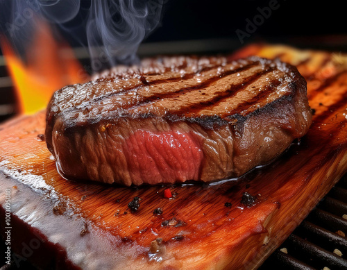 A close-up of a perfectly seared steak, showing the caramelized, charred crust with visible photo