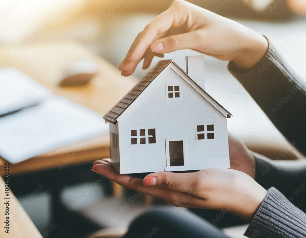 Female hand holding a house model, insurance concept and home loan. Female hand holding a house model, insurance concept and home loan.