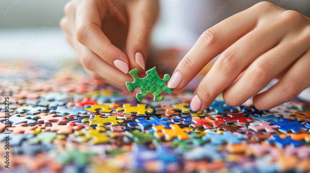 A person assembling a colorful jigsaw puzzle piece among many scattered pieces. A person assembling a colorful jigsaw puzzle piece among many scattered pieces.