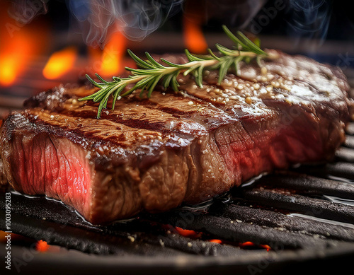 A close-up of a perfectly seared steak, showing the caramelized, charred crust with visible photo