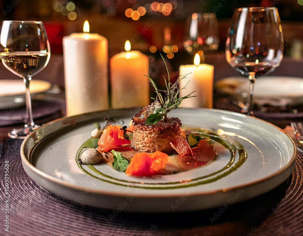 A close-up of a plate of gourmet food in a fine dining restaurant. The dish is artfully arra A close-up of a plate of gourmet food in a fine dining restaurant. The dish is artfully arra