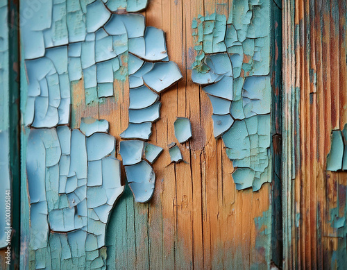 A close-up of cracked, peeling paint on an old wooden wall, revealing the rough texture unde photo