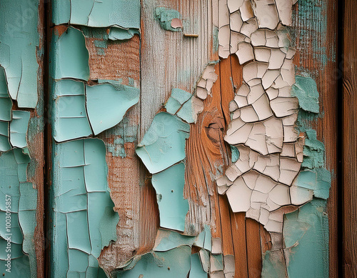 A close-up of cracked, peeling paint on an old wooden wall, revealing the rough texture unde photo