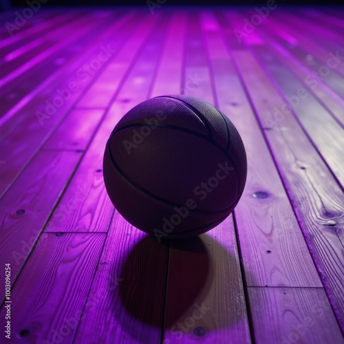 A basketball sits against vibrant purple lighting on a wood floor photo