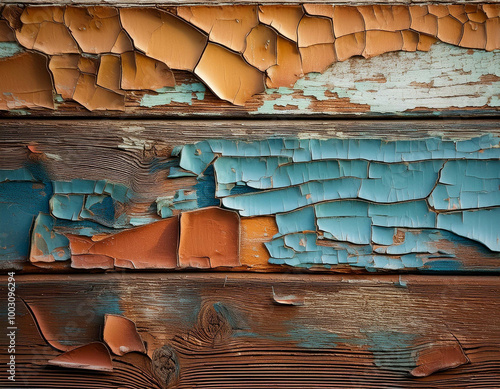 A close-up of cracked, peeling paint on an old wooden wall, revealing the rough texture unde photo