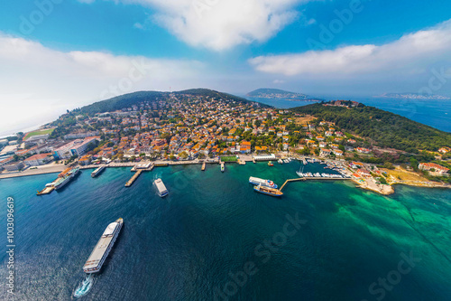 Heybeliada Island in Istanbul, Turkey. Heybeliada is the second largest of the Princes Islands in the Sea of Marmara. Drone shot. photo