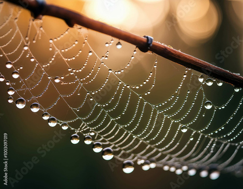 A close-up of raindrops clinging to a spiderweb, the delicate strands glistening in the ligh